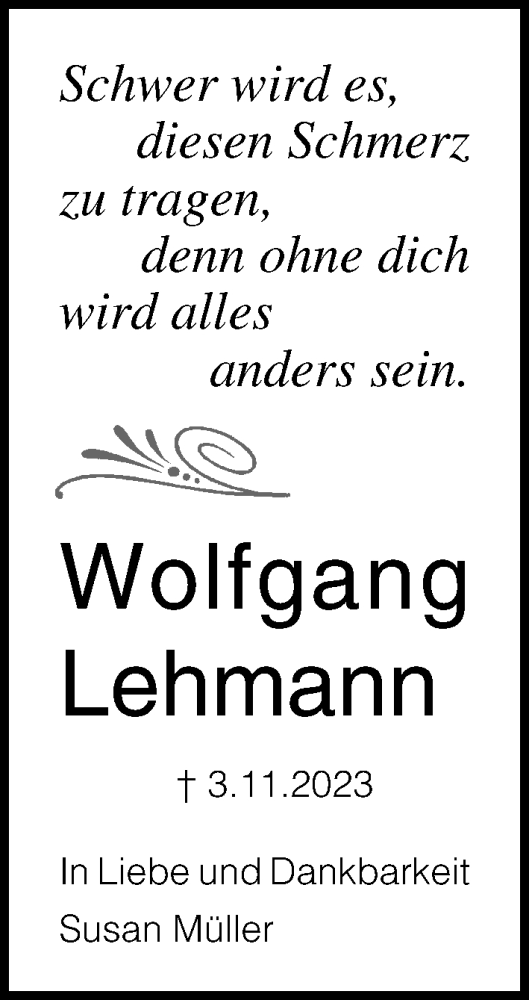 Traueranzeige von Wolfgang Lehmann von Lübecker Nachrichten