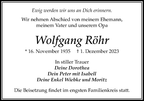 Traueranzeige von Wolfgang Röhr von Leipziger Volkszeitung