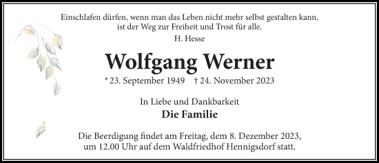 Traueranzeige von Wolfgang Werner von Märkischen Allgemeine Zeitung