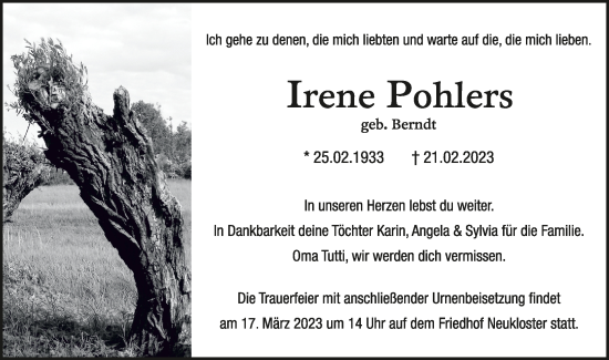 Traueranzeige von Irene Pohlers von Ostsee-Zeitung GmbH