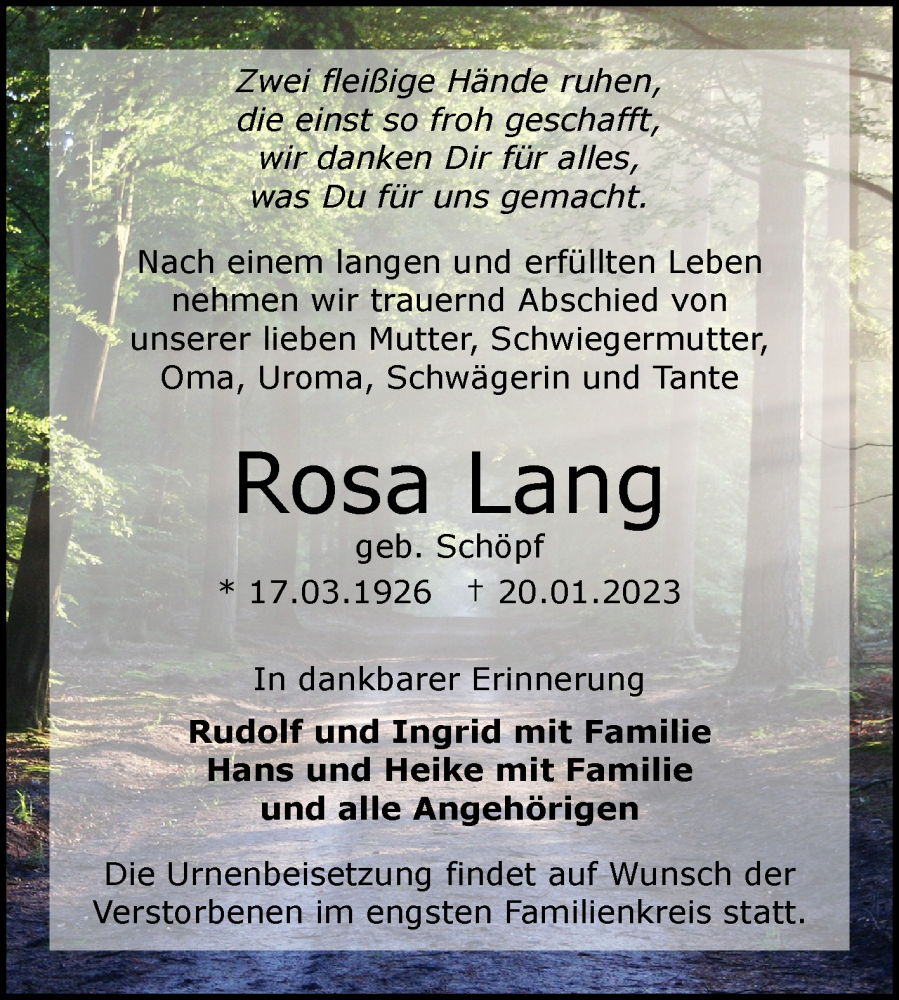  Traueranzeige für Rosa Lang vom 28.01.2023 aus Märkischen Allgemeine Zeitung