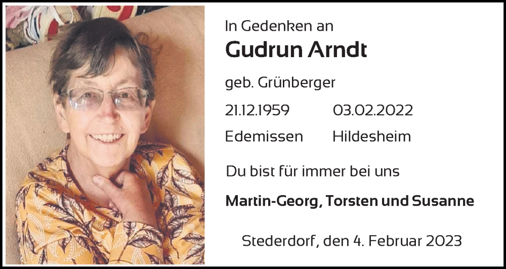  Traueranzeige für Gudrun Arndt vom 04.02.2023 aus 