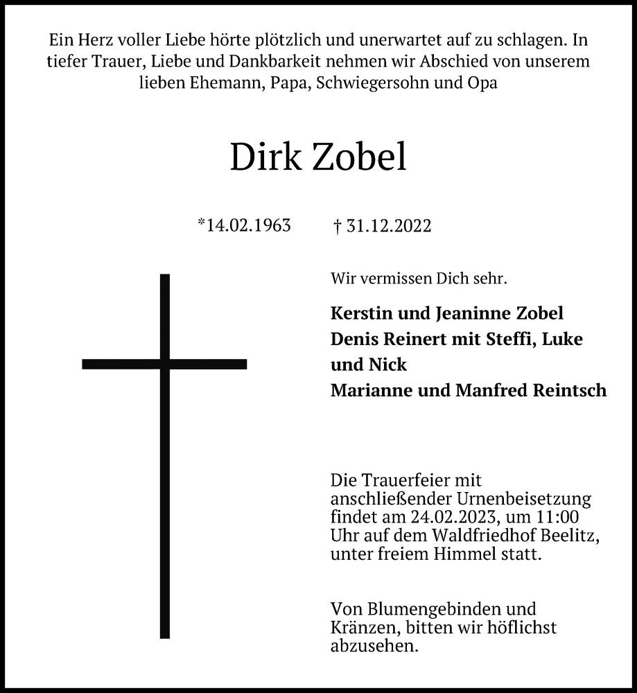  Traueranzeige für Dirk Zobel vom 01.02.2023 aus 