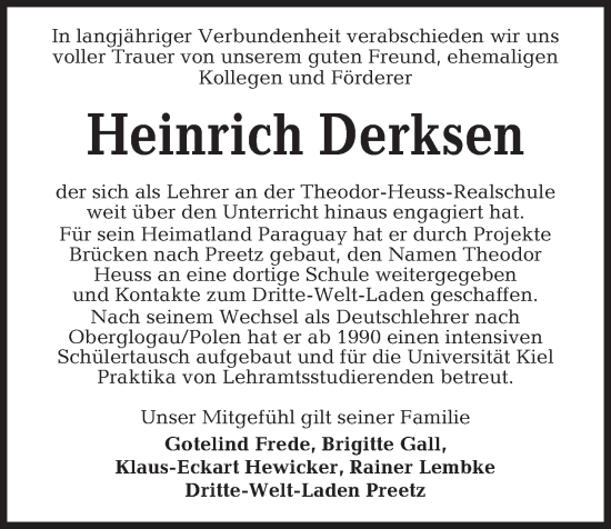 Traueranzeige von Heinrich Derksen von Kieler Nachrichten