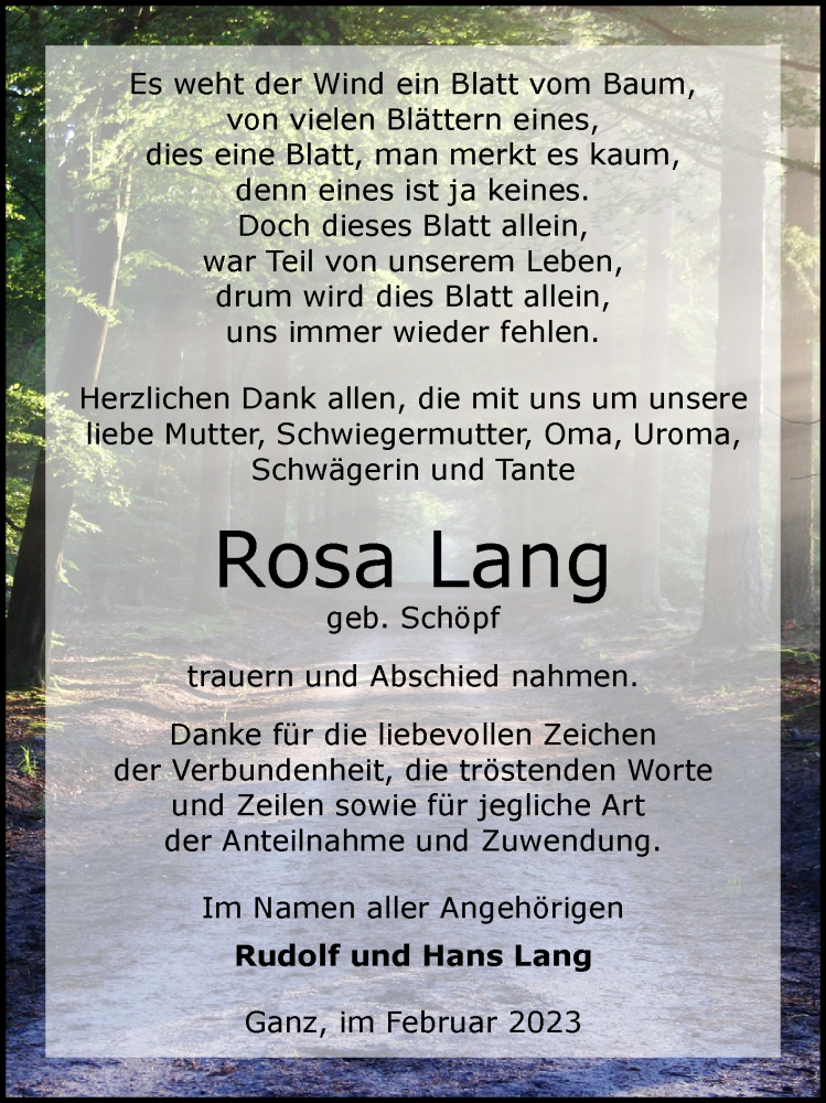  Traueranzeige für Rosa Lang vom 18.02.2023 aus Märkischen Allgemeine Zeitung