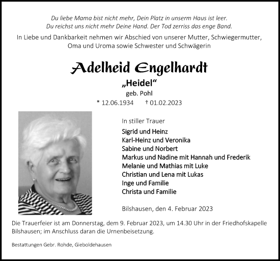 Traueranzeige von Adelheid Engelhardt von Eichsfelder Tageblatt