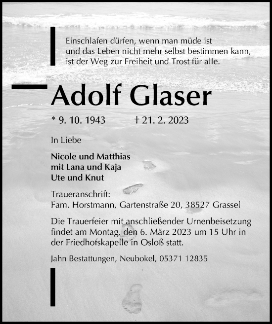 Traueranzeige von Adolf Glaser von Aller Zeitung