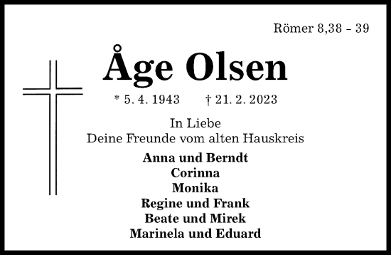 Traueranzeige von Age Olsen von Aller Zeitung
