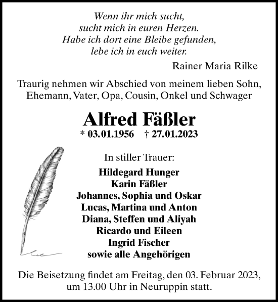 Traueranzeige von Alfred Fäßler von Märkischen Allgemeine Zeitung
