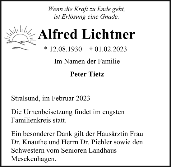 Traueranzeige von Alfred Lichtner von Ostsee-Zeitung GmbH