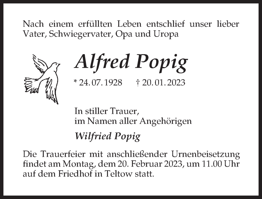  Traueranzeige für Alfred Popig vom 11.02.2023 aus Märkischen Allgemeine Zeitung
