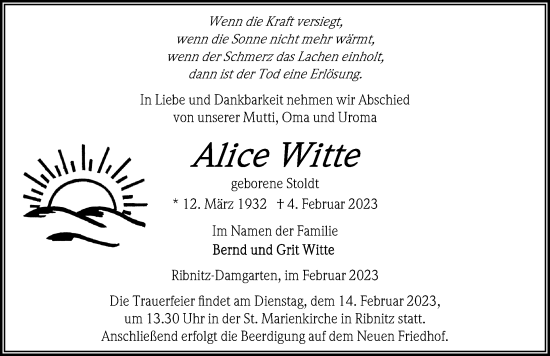 Traueranzeige von Alice Witte von Ostsee-Zeitung GmbH