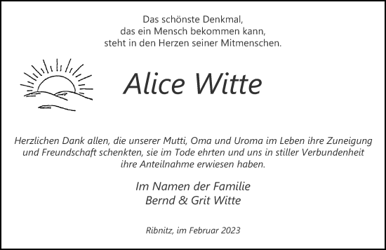 Traueranzeige von Alice Witte von Ostsee-Zeitung GmbH