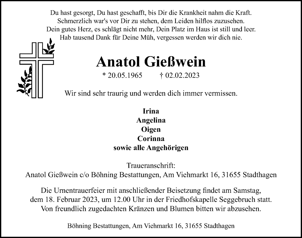  Traueranzeige für Anatol Gießwein vom 11.02.2023 aus Schaumburger Nachrichten