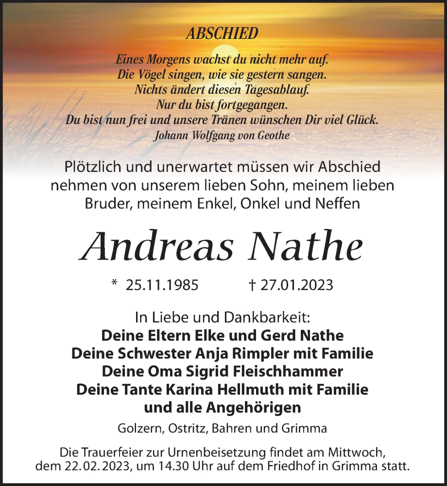  Traueranzeige für Andreas Nathe vom 04.02.2023 aus Leipziger Volkszeitung