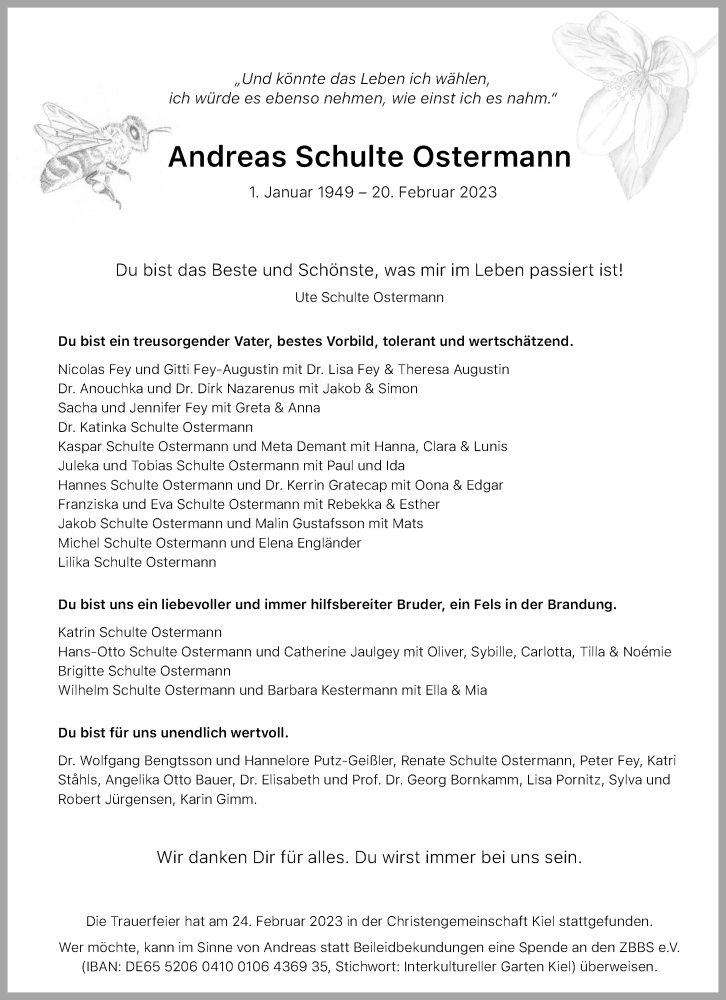  Traueranzeige für Andreas Schulte Ostermann vom 25.02.2023 aus Kieler Nachrichten