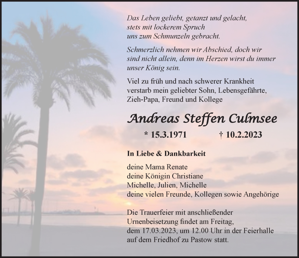  Traueranzeige für Andreas Steffen Culmsee vom 18.02.2023 aus Ostsee-Zeitung GmbH
