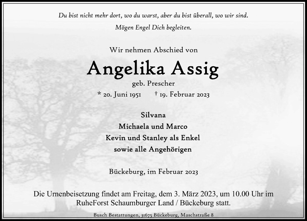  Traueranzeige für Angelika Assig vom 25.02.2023 aus Schaumburger Nachrichten