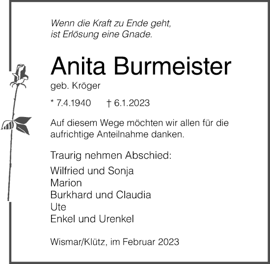 Traueranzeige von Anita Burmeister von Ostsee-Zeitung GmbH