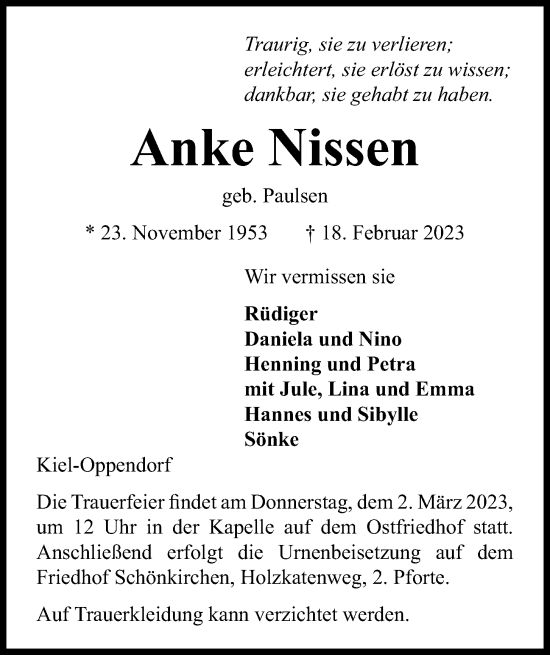 Traueranzeige von Anke Nissen von Kieler Nachrichten