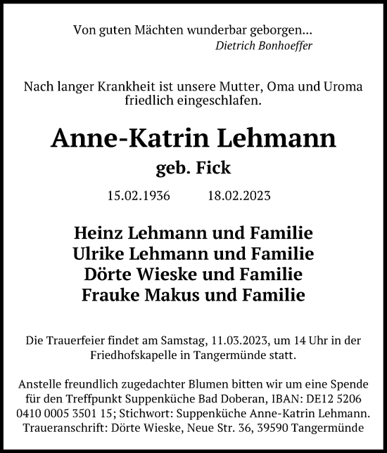 Traueranzeige von Anne-Katrin Lehmann von Ostsee-Zeitung GmbH