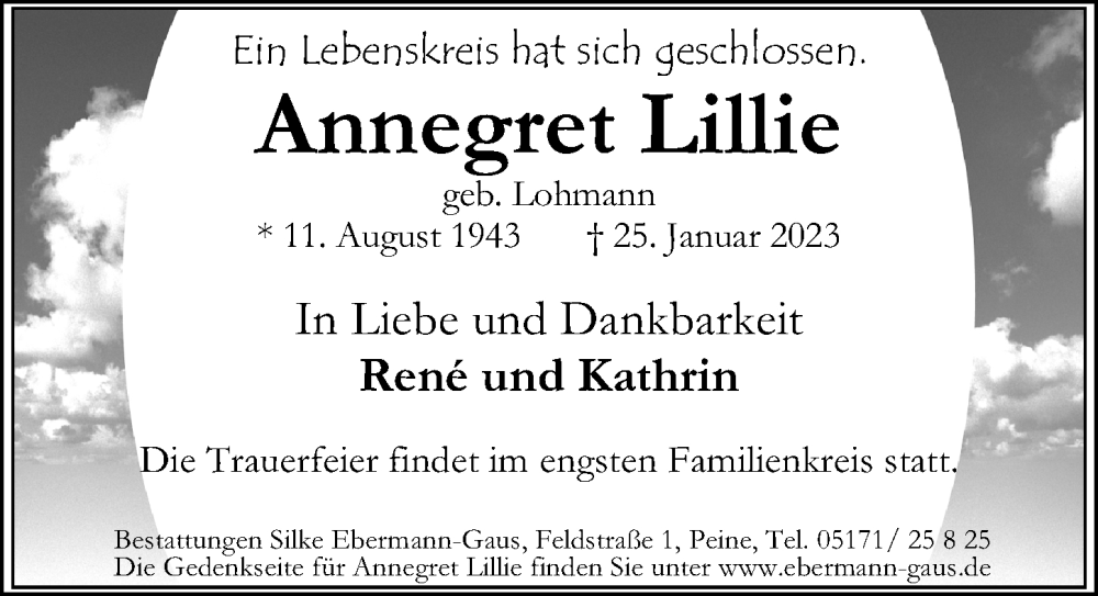  Traueranzeige für Annegret Lilie vom 03.02.2023 aus Peiner Allgemeine Zeitung