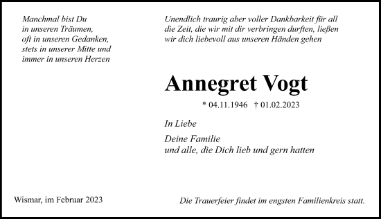 Traueranzeige von Annegret Vogt von Ostsee-Zeitung GmbH