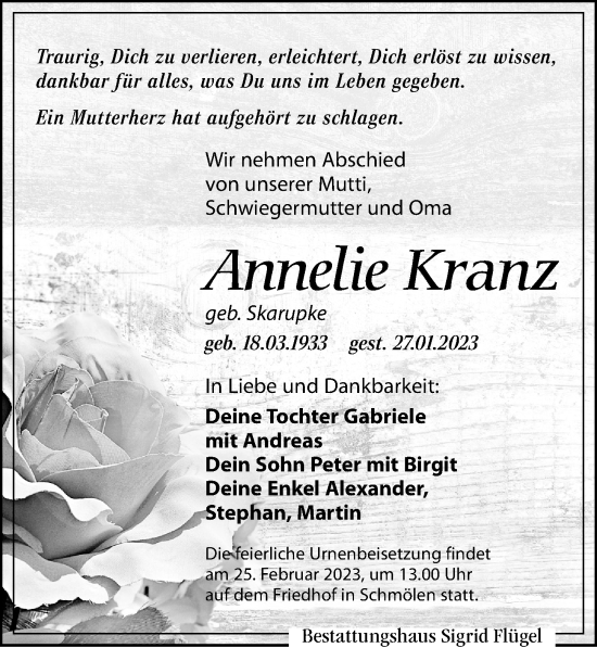 Traueranzeige von Annelie Kranz von Leipziger Volkszeitung