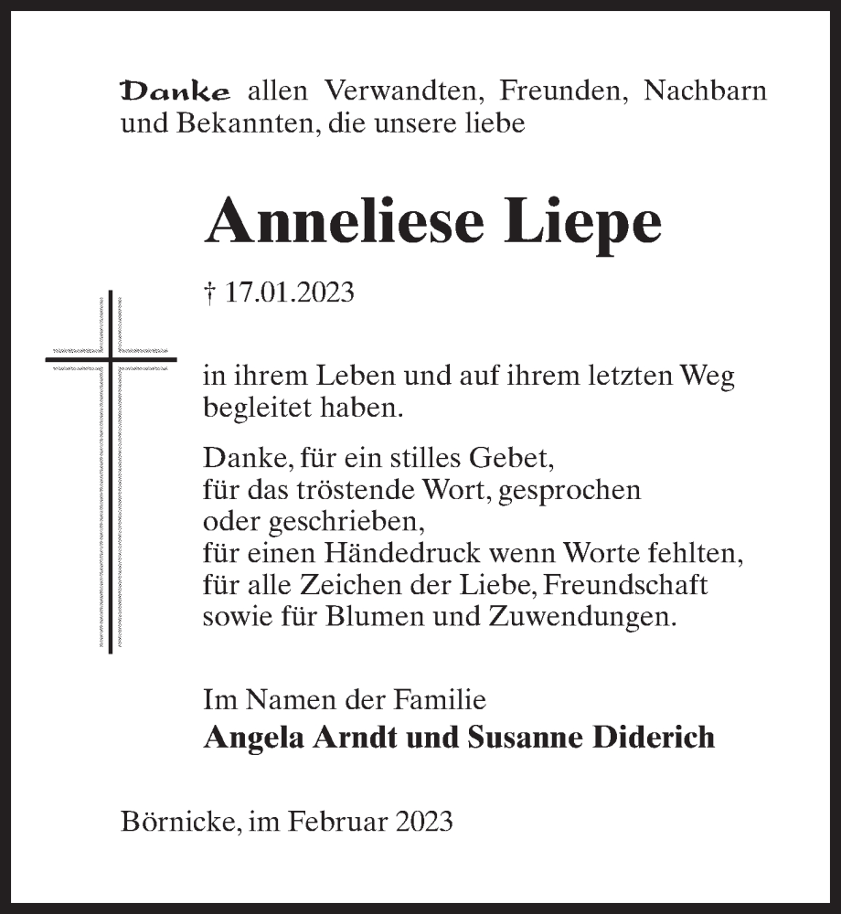  Traueranzeige für Anneliese Liepe vom 04.02.2023 aus Märkischen Allgemeine Zeitung