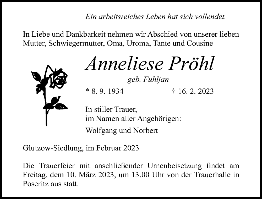  Traueranzeige für Anneliese Pröhl vom 25.02.2023 aus Ostsee-Zeitung GmbH