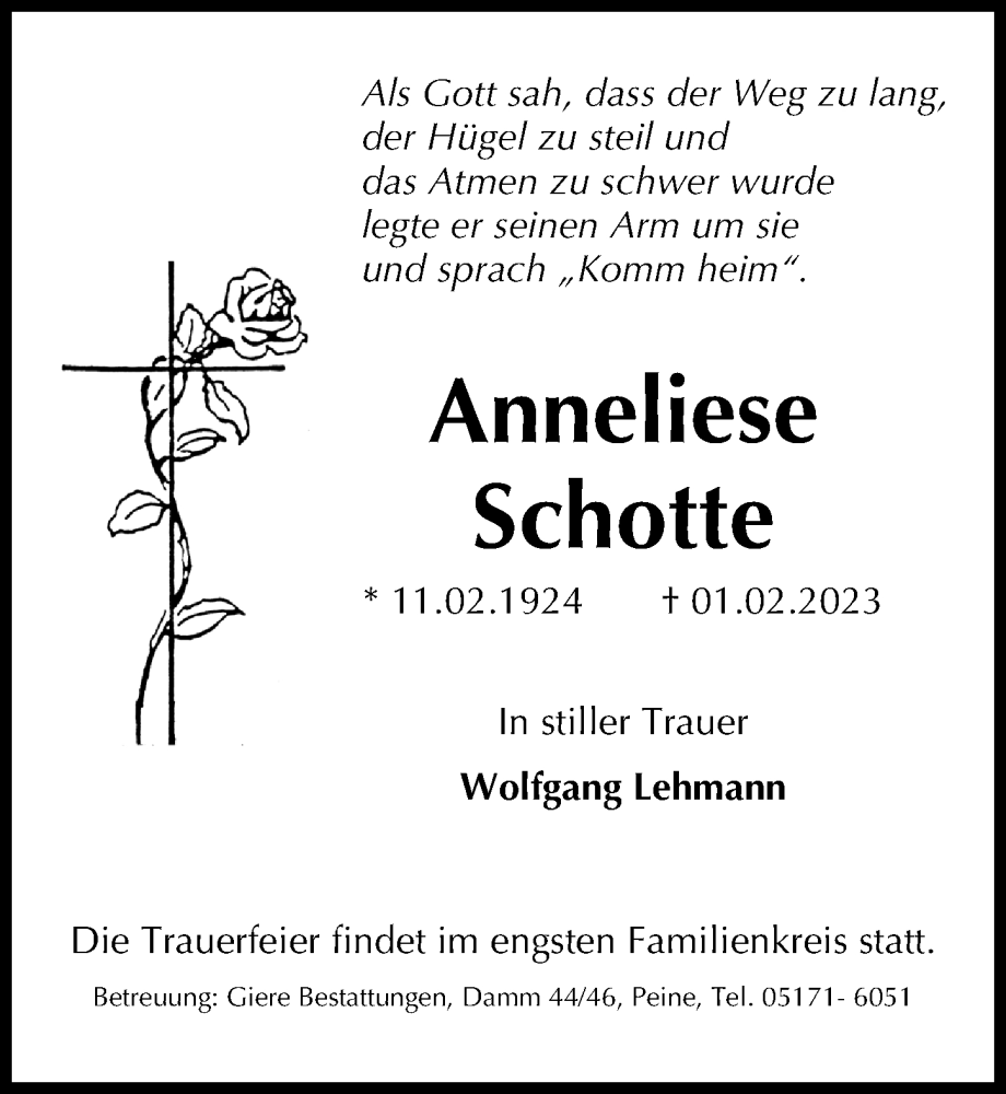  Traueranzeige für Anneliese Schotte vom 04.02.2023 aus Peiner Allgemeine Zeitung