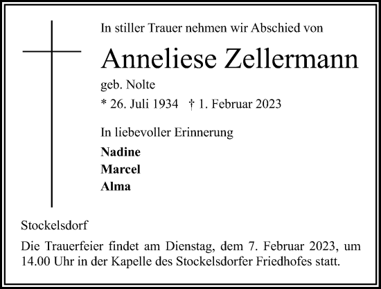 Traueranzeige von Anneliese Zellermann von Lübecker Nachrichten
