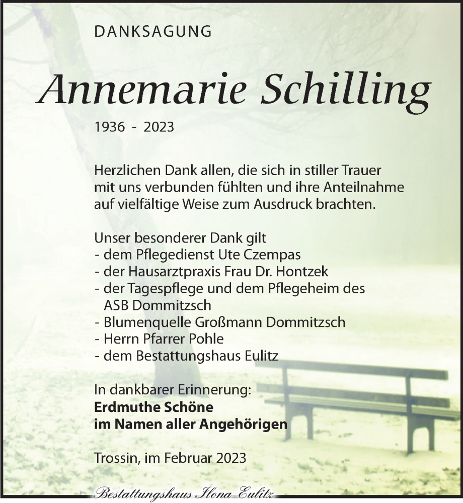  Traueranzeige für Annemarie Schilling vom 18.02.2023 aus Torgauer Zeitung