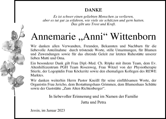 Traueranzeige von Annemarie Wittenborn von Ostsee-Zeitung GmbH