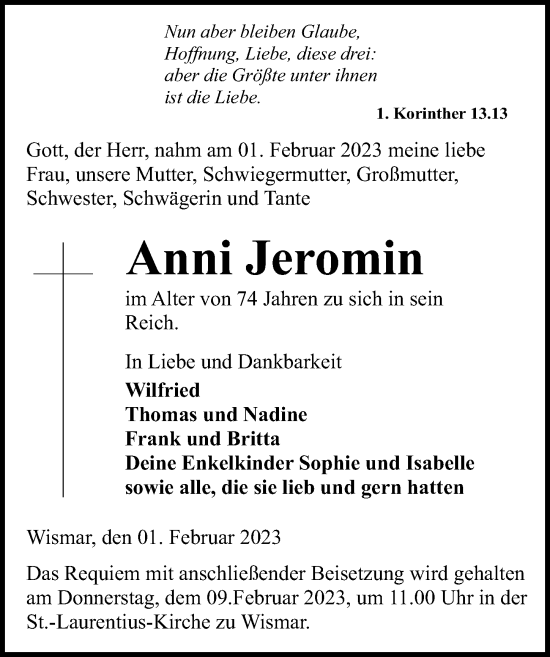 Traueranzeige von Anni Jeromin von Ostsee-Zeitung GmbH