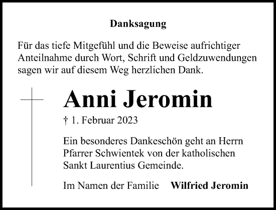 Traueranzeige von Anni Jeromin von Ostsee-Zeitung GmbH