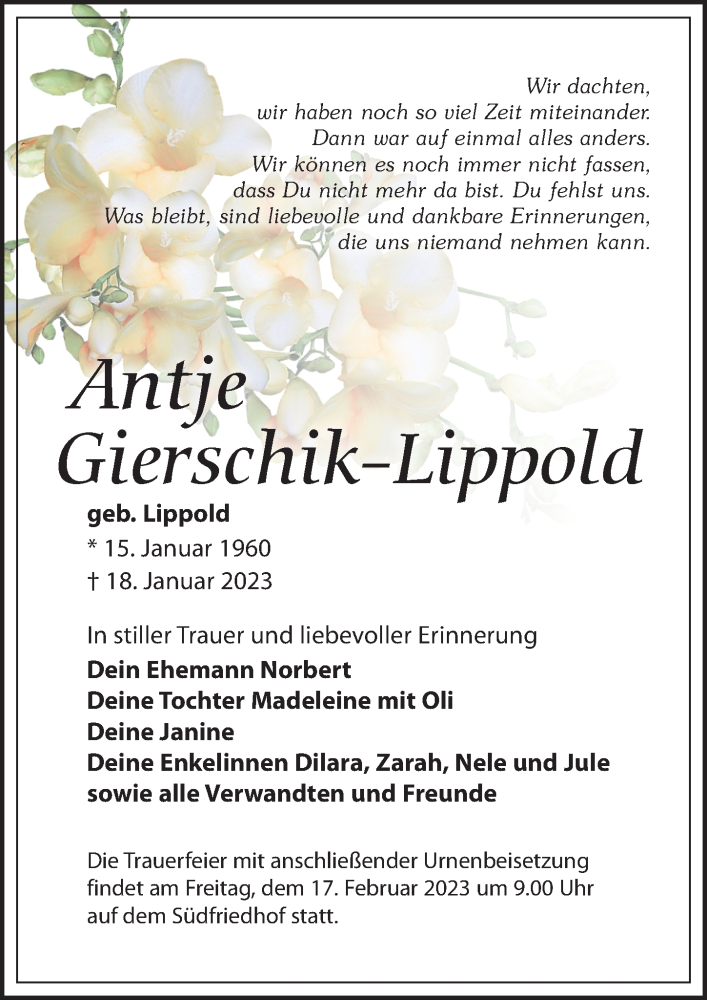  Traueranzeige für Antje Gierschik-Lippold vom 11.02.2023 aus Leipziger Volkszeitung
