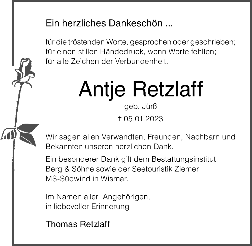  Traueranzeige für Antje Retzlaff vom 07.02.2023 aus Ostsee-Zeitung GmbH