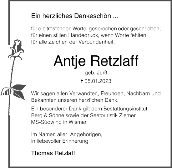 Traueranzeige von Antje Retzlaff von Ostsee-Zeitung GmbH