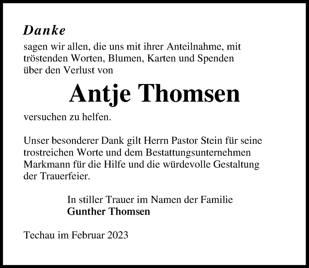  Traueranzeige für Antje Thomsen vom 12.02.2023 aus Lübecker Nachrichten