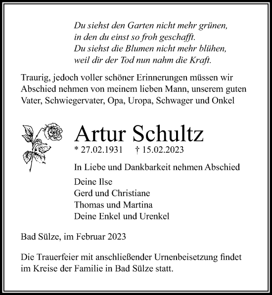 Traueranzeige von Artur Schultz von Ostsee-Zeitung GmbH