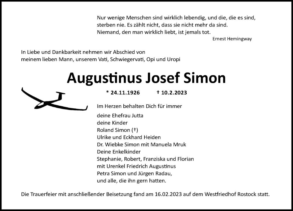  Traueranzeige für Augustinus Josef Simon vom 18.02.2023 aus Ostsee-Zeitung GmbH