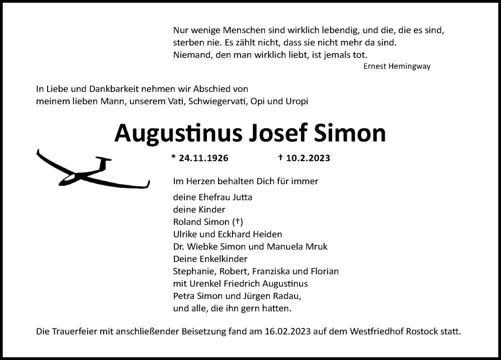  Traueranzeige für Augustinus Josef Simon vom 25.02.2023 aus Ostsee-Zeitung GmbH