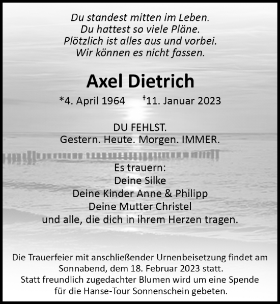 Traueranzeige von Axel Dietrich von Ostsee-Zeitung GmbH