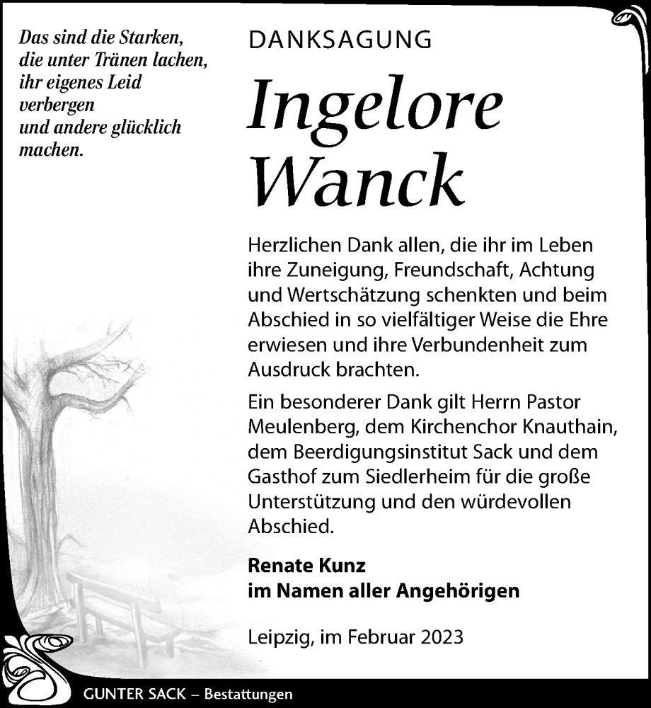  Traueranzeige für Ingelore Wanck vom 11.02.2023 aus Sack