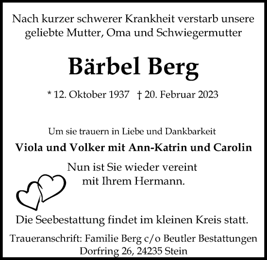 Traueranzeige von Bärbel Berg von Kieler Nachrichten