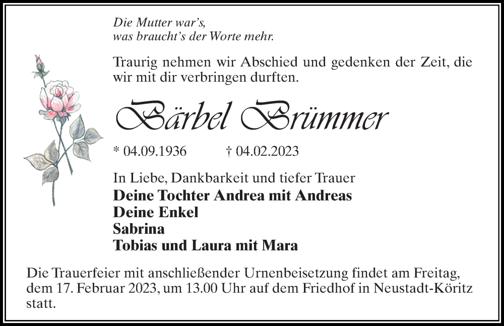  Traueranzeige für Bärbel Brümmer vom 11.02.2023 aus Märkischen Allgemeine Zeitung