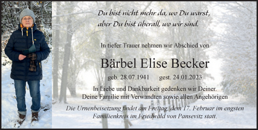  Traueranzeige für Bärbel Elise Becker vom 11.02.2023 aus Ostsee-Zeitung GmbH