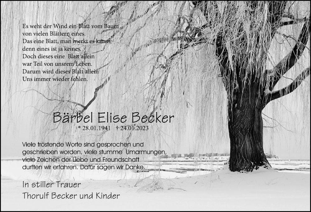  Traueranzeige für Bärbel Elise Becker vom 25.02.2023 aus Ostsee-Zeitung GmbH