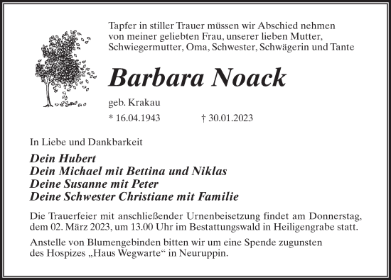 Traueranzeige von Barbara Noack von Märkischen Allgemeine Zeitung